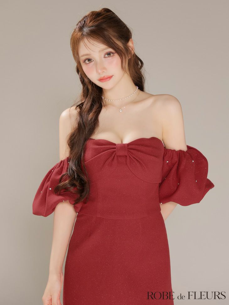 ROBE de FLEURS ローブドフルール 【XSサイズあり】オフショルダービックリボンセットアップタイトミニキャバドレス fm4700-c