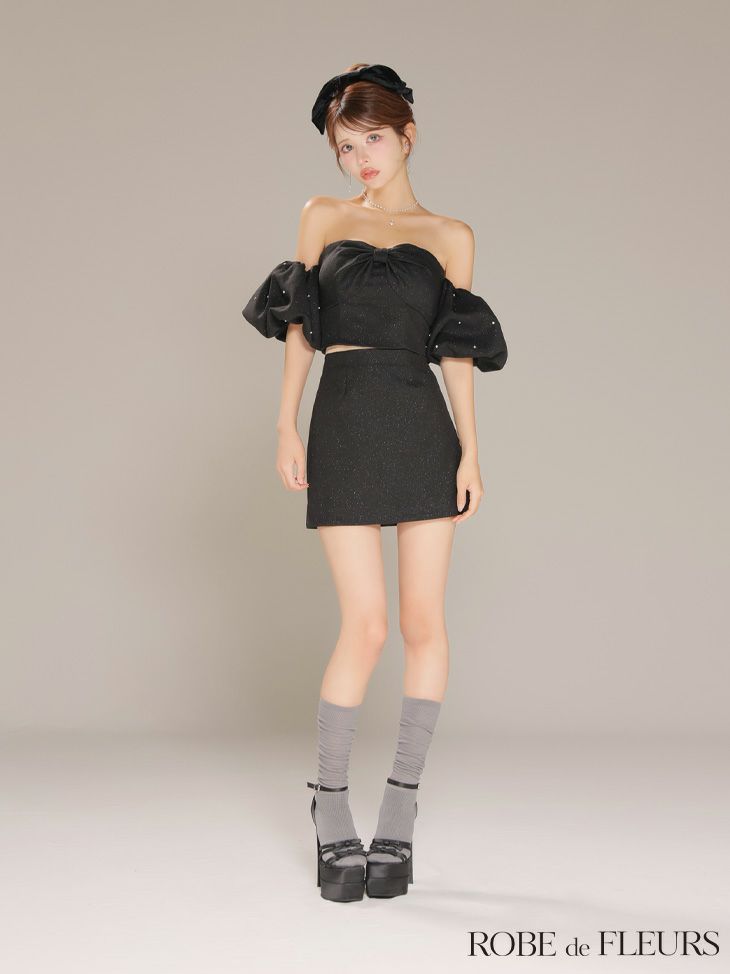 ROBE de FLEURS ローブドフルール 【XSサイズあり】オフショルダービックリボンセットアップタイトミニキャバドレス fm4700-c