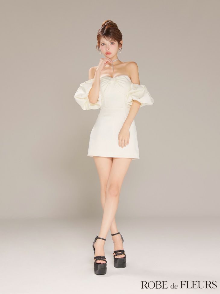 ROBE de FLEURS ローブドフルール 【XSサイズあり】オフショルダービックリボンセットアップタイトミニキャバドレス fm4700