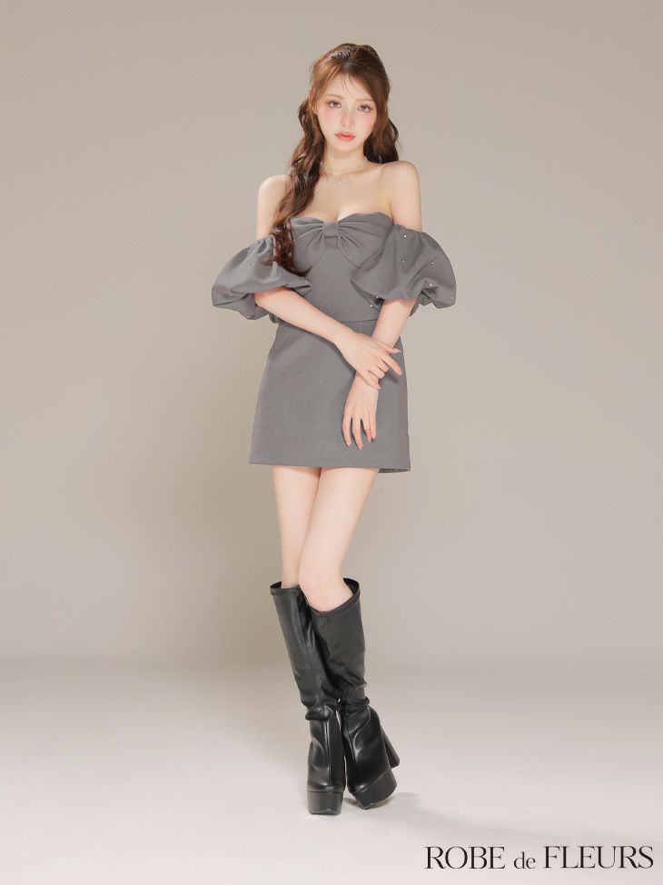 ROBE de FLEURS ローブドフルール 【XSサイズあり】オフショルダービックリボンセットアップタイトミニキャバドレス fm4700