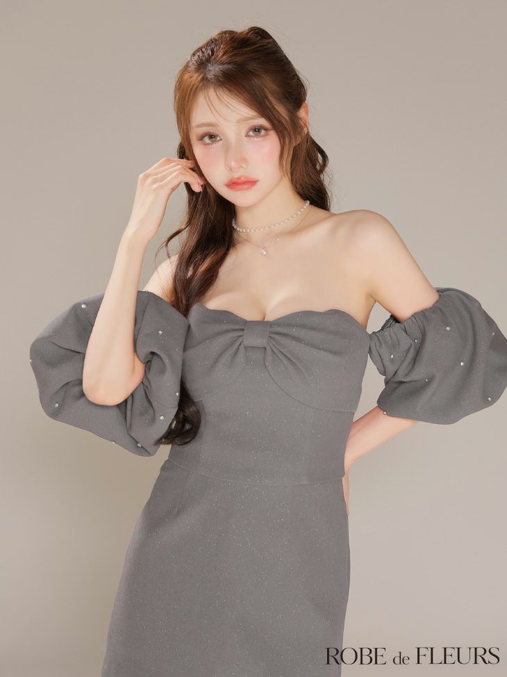 ROBE de FLEURS ローブドフルール 【XSサイズあり】オフショルダービックリボンセットアップタイトミニキャバドレス fm4700