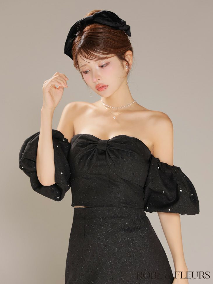 ROBE de FLEURS ローブドフルール 【XSサイズあり】オフショルダービックリボンセットアップタイトミニキャバドレス fm4700