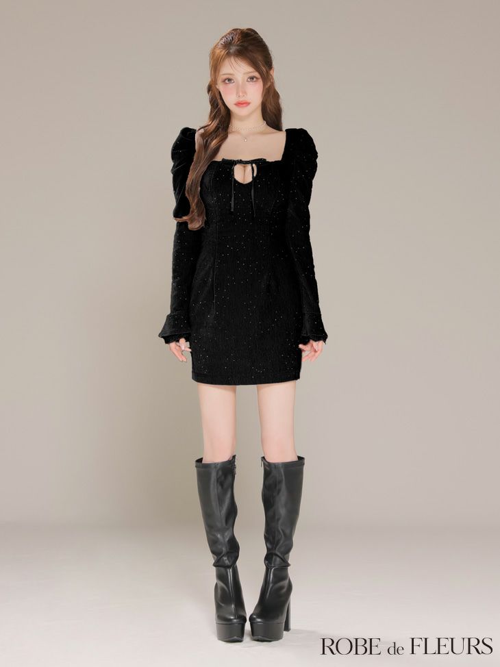 ROBE de FLEURS ローブドフルール 【XSサイズあり】ストーン付きベロアバックオープンタイトミニキャバドレス fm4124-c