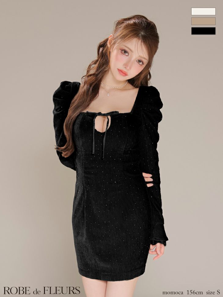 ROBE de FLEURS ローブドフルール 【XSサイズあり】ストーン付きベロアバックオープンタイトミニキャバドレス fm4124