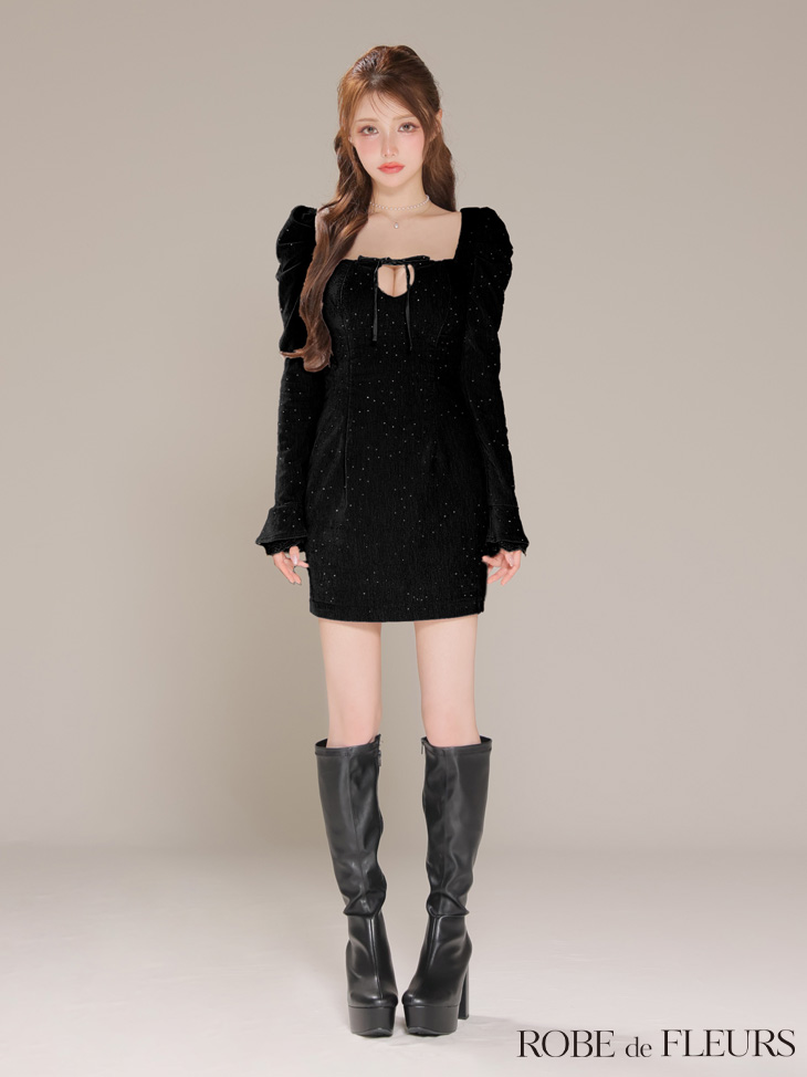 ROBE de FLEURS ローブドフルール 【XSサイズあり】ストーン付きベロアバックオープンタイトミニキャバドレス fm4124