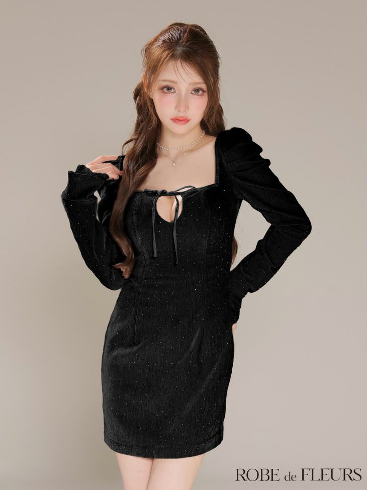 ROBE de FLEURS ローブドフルール 【XSサイズあり】ストーン付きベロアバックオープンタイトミニキャバドレス fm4124