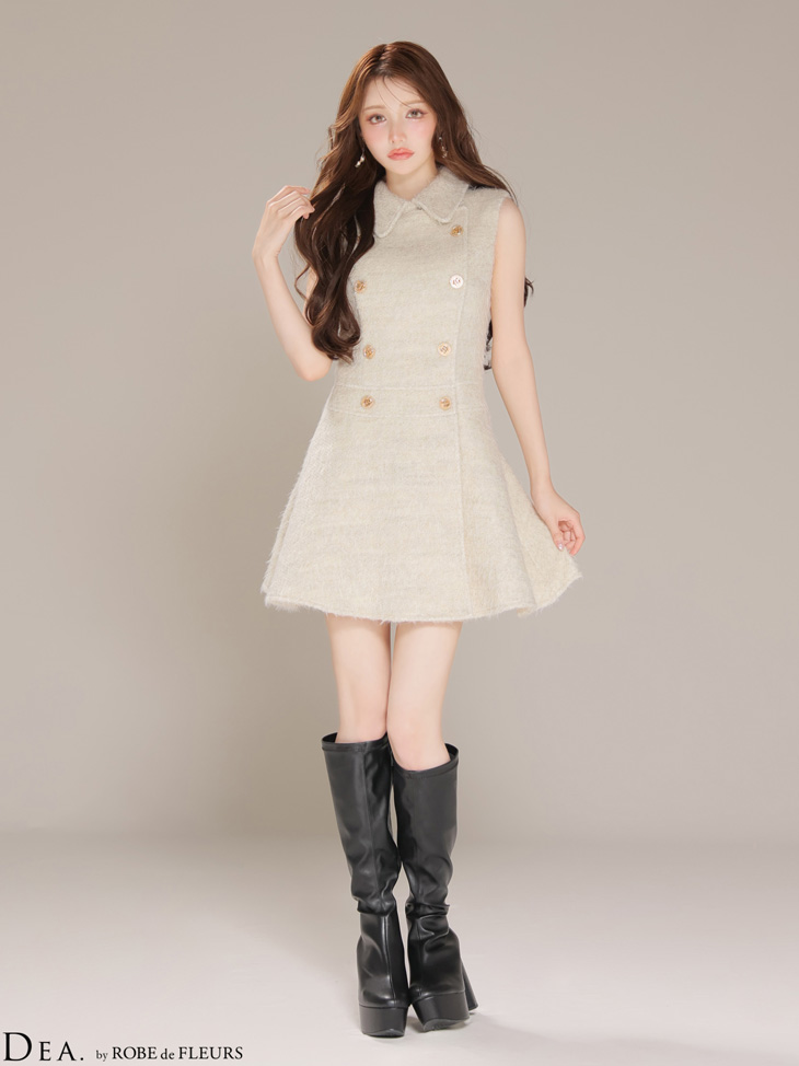 DEA. ディア バイ ローブドフルール 【XSサイズあり】シャギーウールダブルボタンフレアミニキャバドレス de4619-c