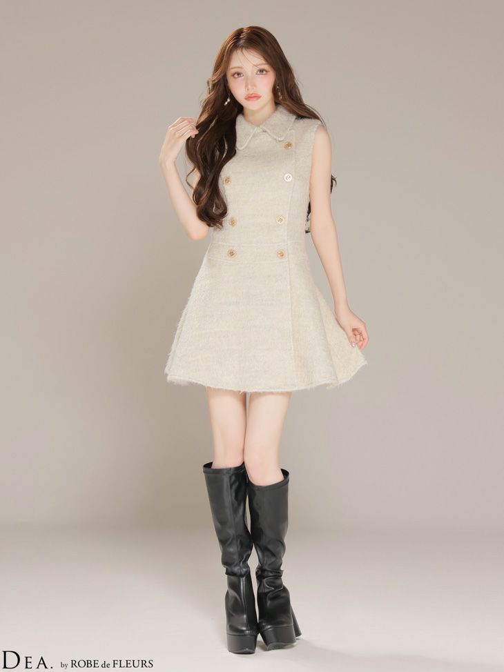 DEA. ディア バイ ローブドフルール 【XSサイズあり】シャギーウールダブルボタンフレアミニキャバドレス de4619