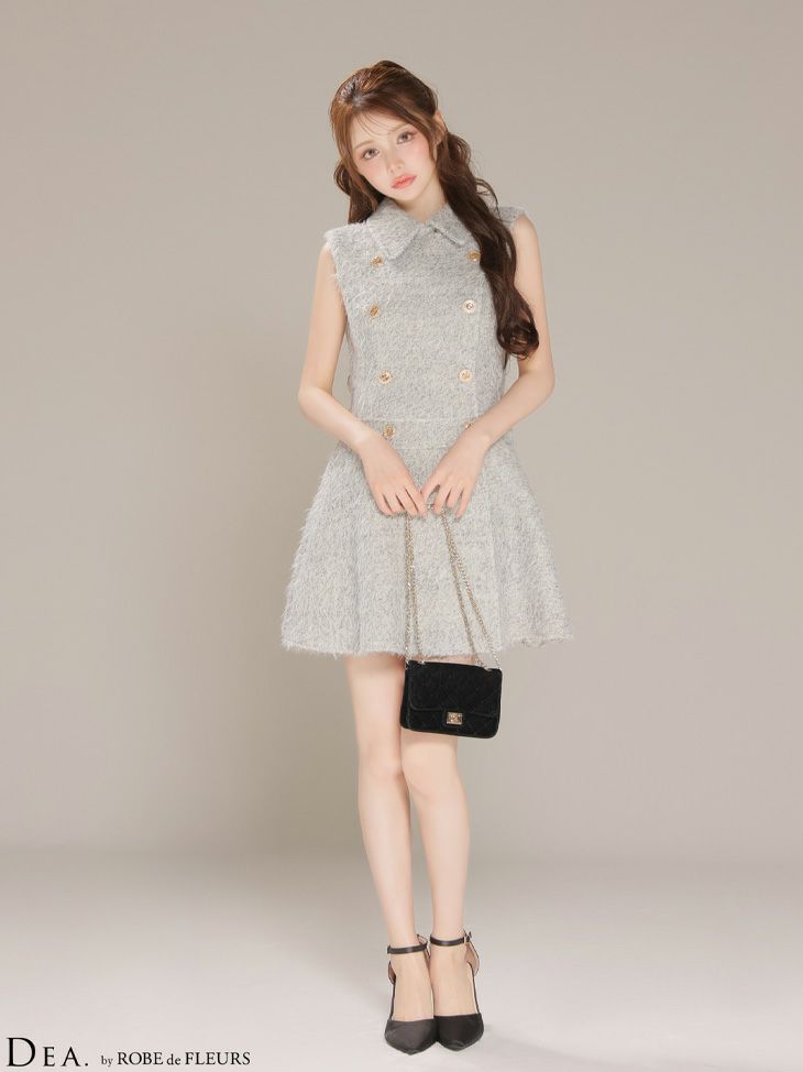 DEA. ディア バイ ローブドフルール 【XSサイズあり】シャギーウールダブルボタンフレアミニキャバドレス de4619
