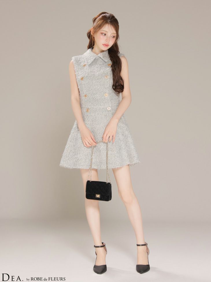 DEA. ディア バイ ローブドフルール 【XSサイズあり】シャギーウールダブルボタンフレアミニキャバドレス de4619