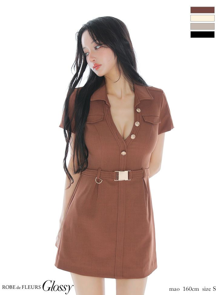 Glossy ローブドフルールグロッシー 【XSサイズあり】Vネックバストカットベルト付きタイトミニキャバドレス gl3960-c