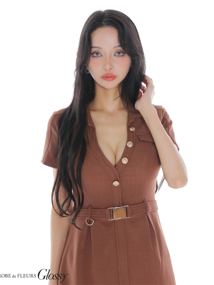 Glossy ローブドフルールグロッシー 【XSサイズあり】Vネックバストカットベルト付きタイトミニキャバドレス gl3960-c