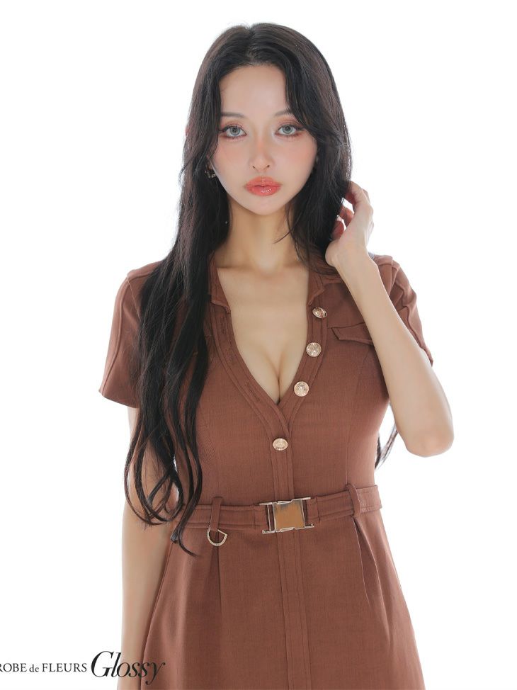 Glossy ローブドフルールグロッシー 【XSサイズあり】Vネックバストカットベルト付きタイトミニキャバドレス gl3960-c