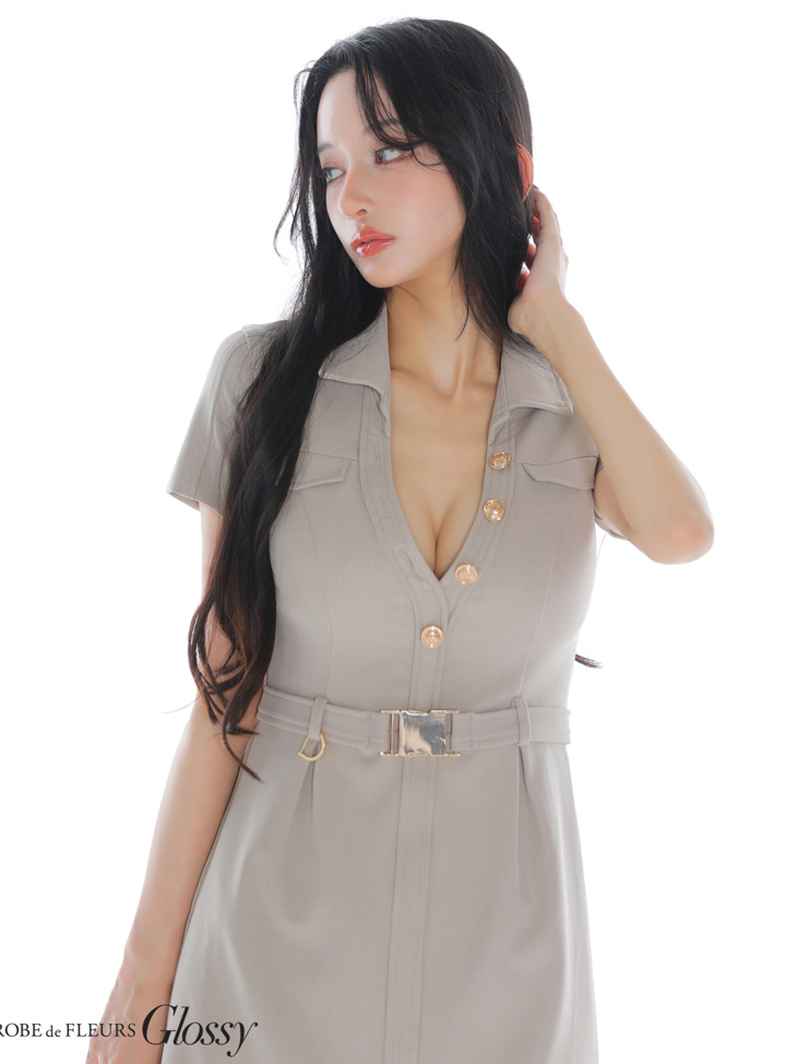 Glossy ローブドフルールグロッシー 【XSサイズあり】Vネックバストカットベルト付きタイトミニキャバドレス gl3960