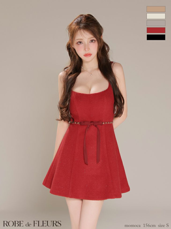 ROBE de FLEURS ローブドフルール【XSサイズあり】ウエストリボンラメ入りメルトンフレアミニキャバドレス fm3474-c