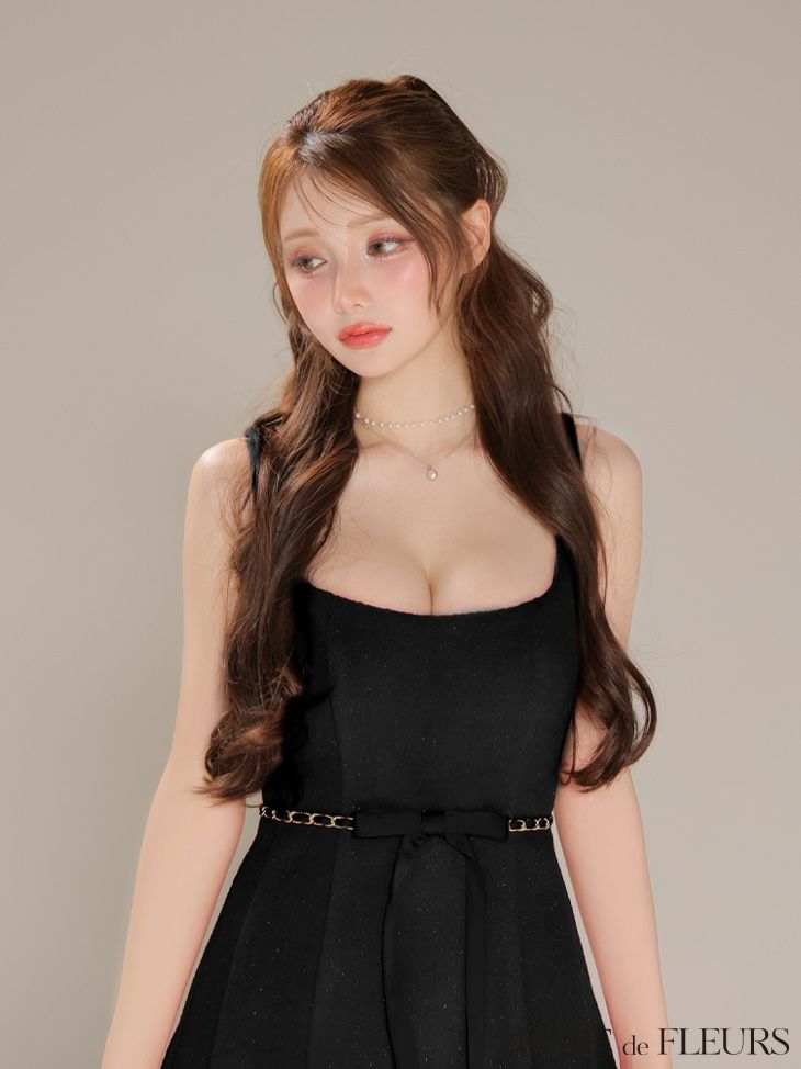 ROBE de FLEURS ローブドフルール【XSサイズあり】ウエストリボンラメ入りメルトンフレアミニキャバドレス fm3474-c