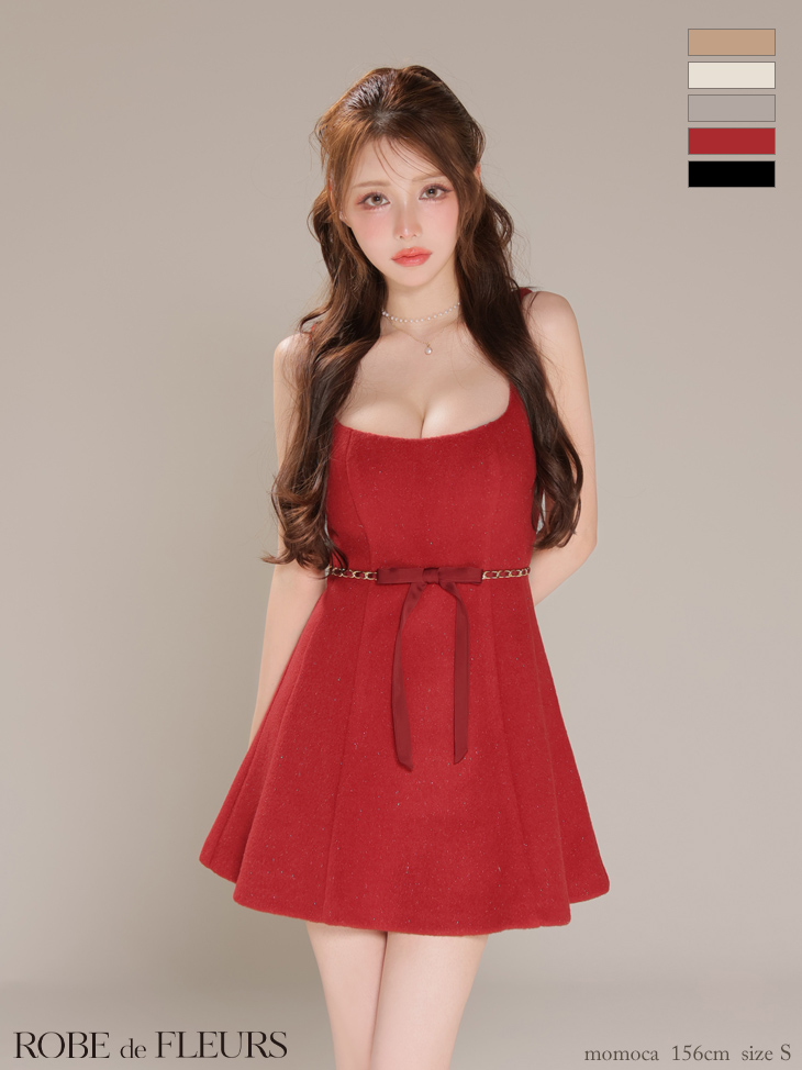 ROBE de FLEURS ローブドフルール【XSサイズあり】ウエストリボンラメ入りメルトンフレアミニキャバドレス fm3474