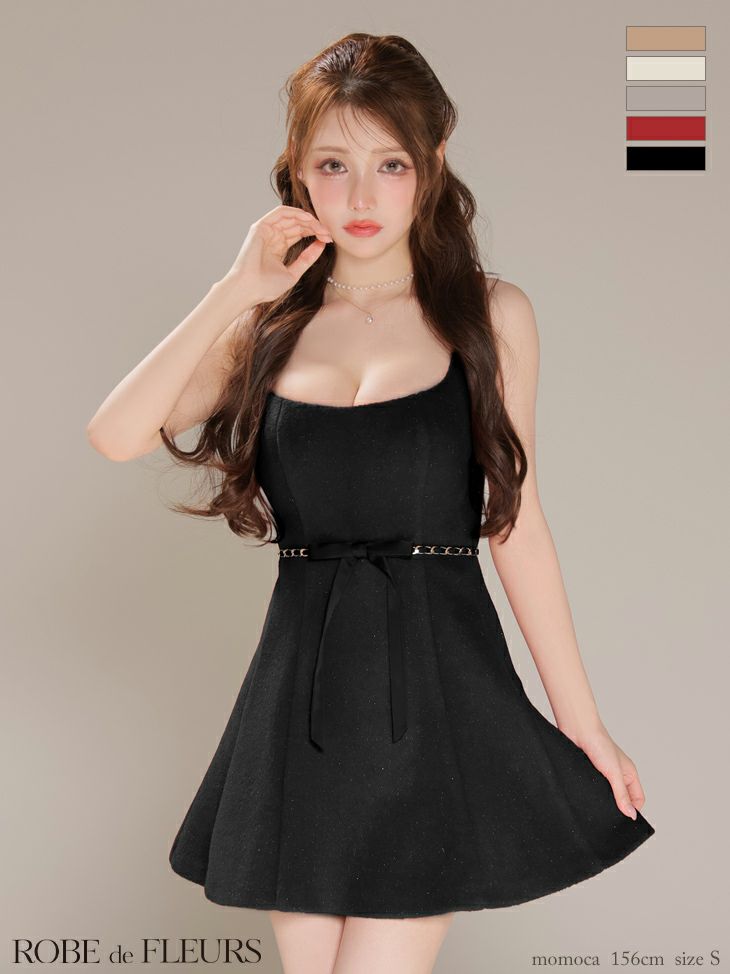 ROBE de FLEURS ローブドフルール【XSサイズあり】ウエストリボンラメ入りメルトンフレアミニキャバドレス fm3474