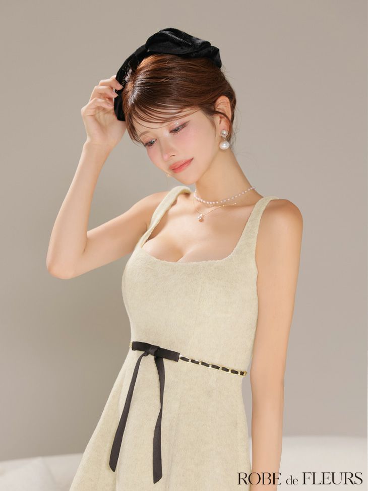 ROBE de FLEURS ローブドフルール【XSサイズあり】ウエストリボンラメ入りメルトンフレアミニキャバドレス fm3474