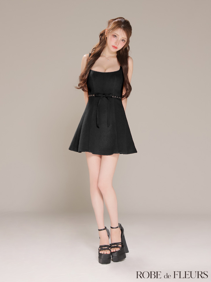 ROBE de FLEURS ローブドフルール【XSサイズあり】ウエストリボンラメ入りメルトンフレアミニキャバドレス fm3474