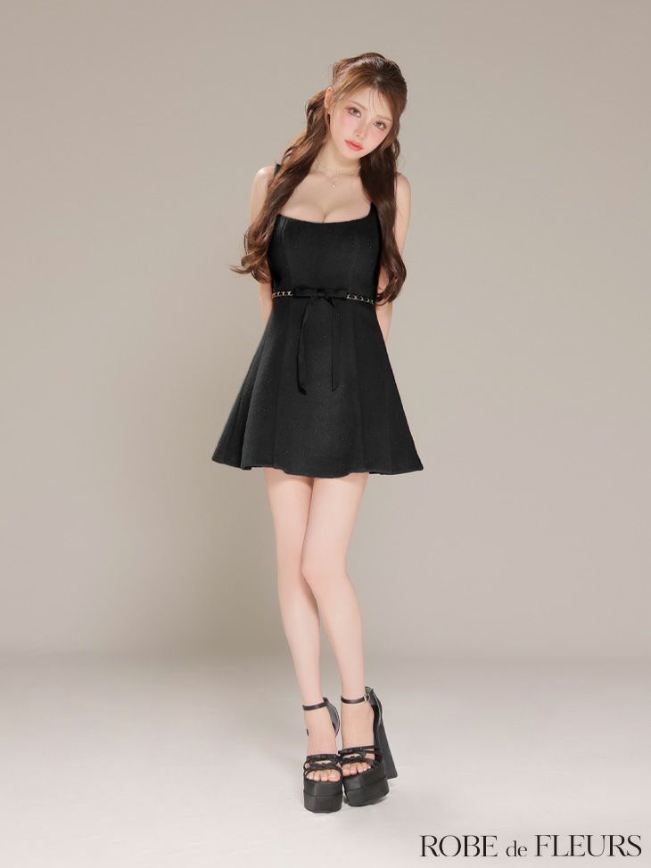ROBE de FLEURS ローブドフルール【XSサイズあり】ウエストリボンラメ入りメルトンフレアミニキャバドレス fm3474