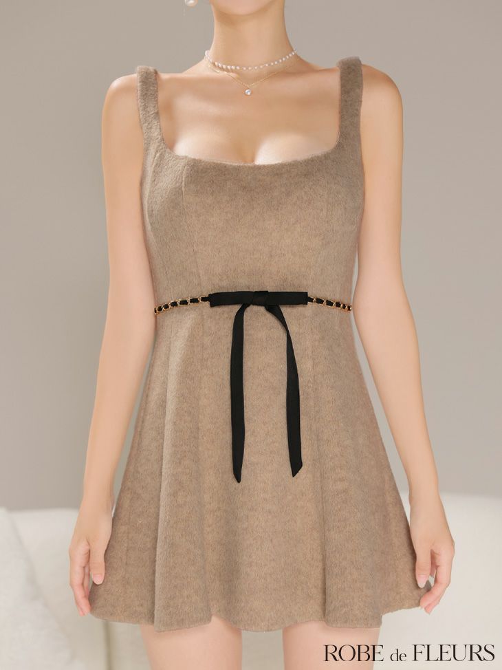 ROBE de FLEURS ローブドフルール【XSサイズあり】ウエストリボンラメ入りメルトンフレアミニキャバドレス fm3474