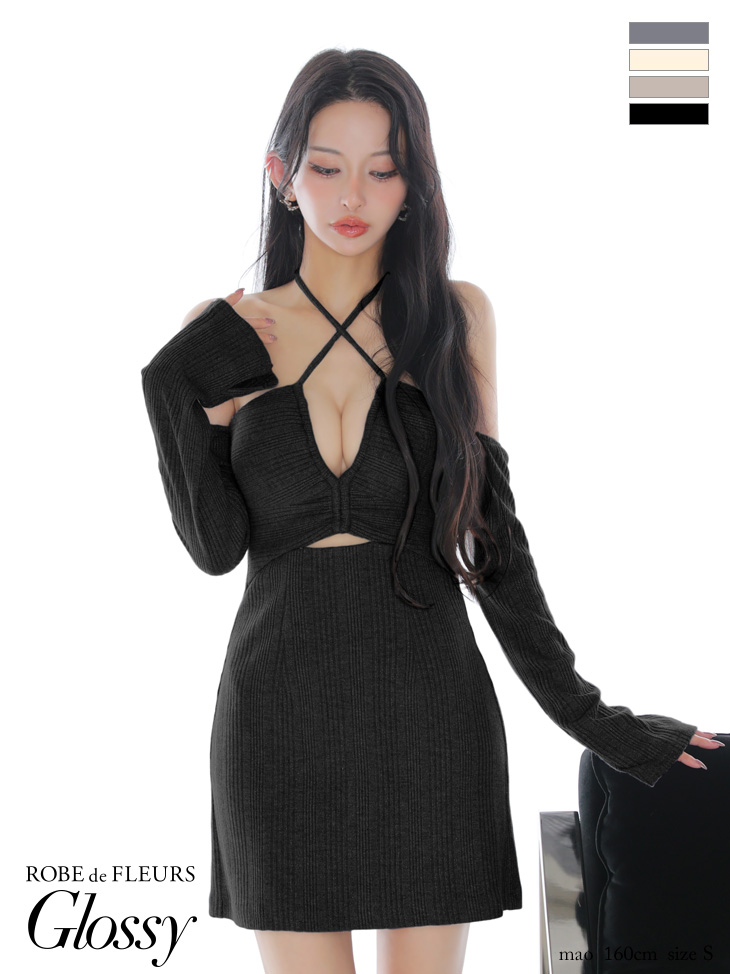 Glossy ローブドフルールグロッシー 【XSサイズあり】ラメリブニットカッティングタイトオフショルミニキャバドレス gl3959-c