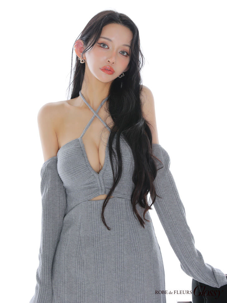 Glossy ローブドフルールグロッシー 【XSサイズあり】ラメリブニットカッティングタイトオフショルミニキャバドレス gl3959-c