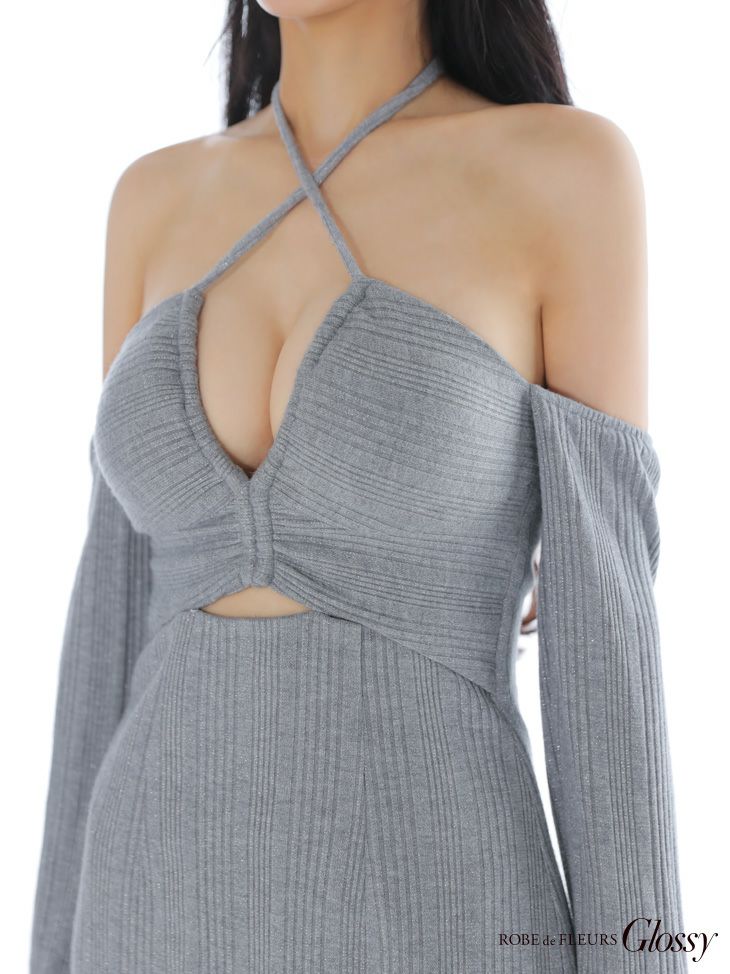 Glossy ローブドフルールグロッシー 【XSサイズあり】ラメリブニットカッティングタイトオフショルミニキャバドレス gl3959-c