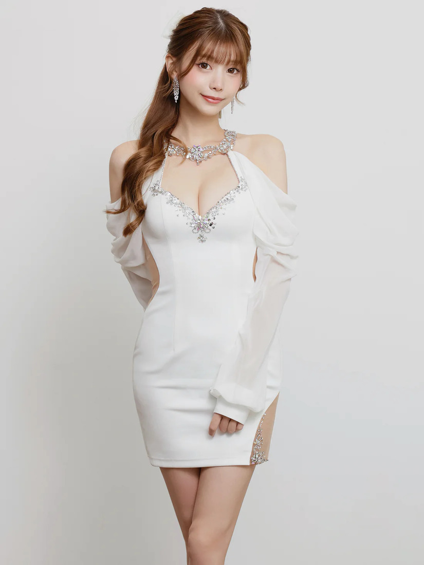 AngelR エンジェルアール ホルターネックロングスリーブシフォンビジューショルダーカットメッシュタイトミニドレス ar25862