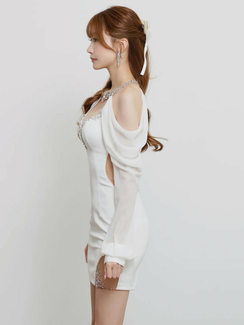 AngelR エンジェルアール ホルターネックロングスリーブシフォンビジューショルダーカットメッシュタイトミニドレス ar25862