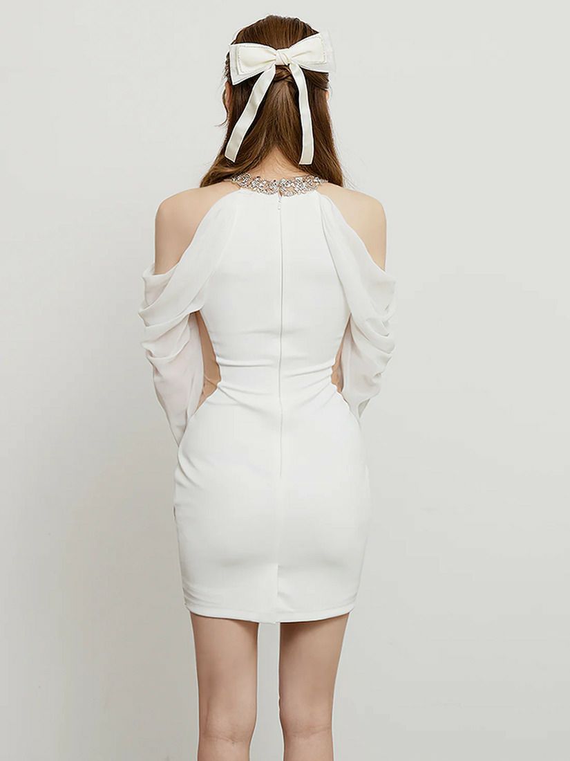 AngelR エンジェルアール ホルターネックロングスリーブシフォンビジューショルダーカットメッシュタイトミニドレス ar25862