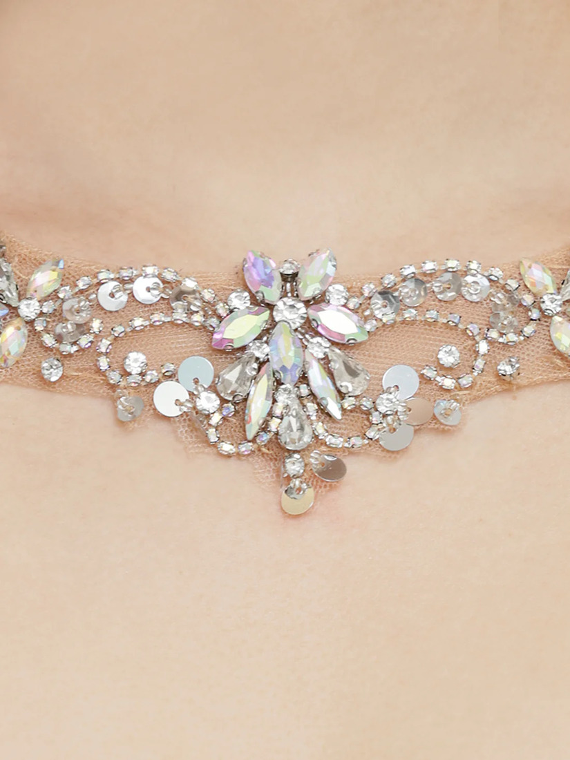 AngelR エンジェルアール ホルターネックロングスリーブシフォンビジューショルダーカットメッシュタイトミニドレス ar25862