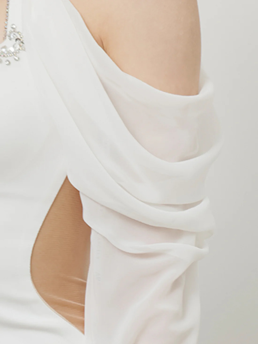 AngelR エンジェルアール ホルターネックロングスリーブシフォンビジューショルダーカットメッシュタイトミニドレス ar25862