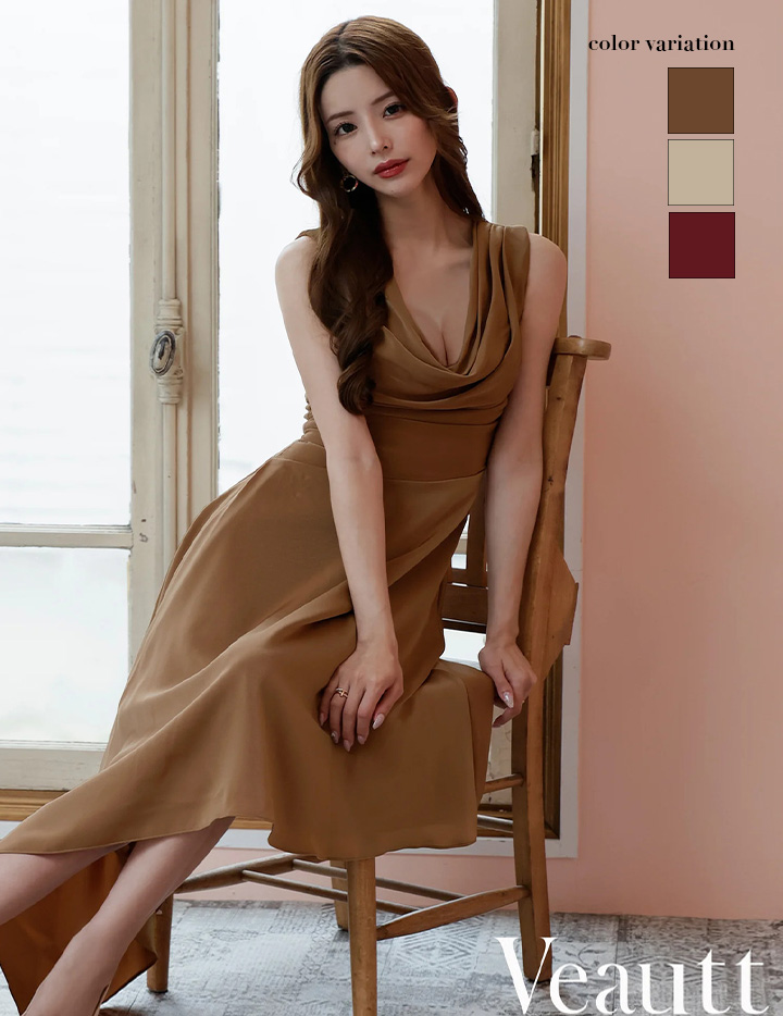 Veautt ヴュート バストドレープアシンメトリーデザインフレアミモレ丈ミディアムドレス vt022526