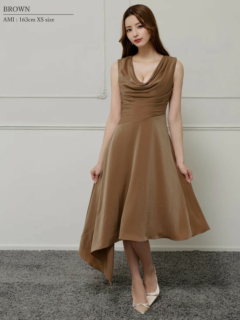 Veautt ヴュート バストドレープアシンメトリーデザインフレアミモレ丈ミディアムドレス vt022526