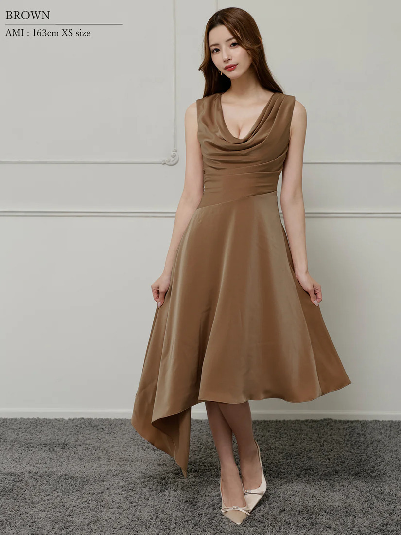 Veautt ヴュート バストドレープアシンメトリーデザインフレアミモレ丈ミディアムドレス vt022526