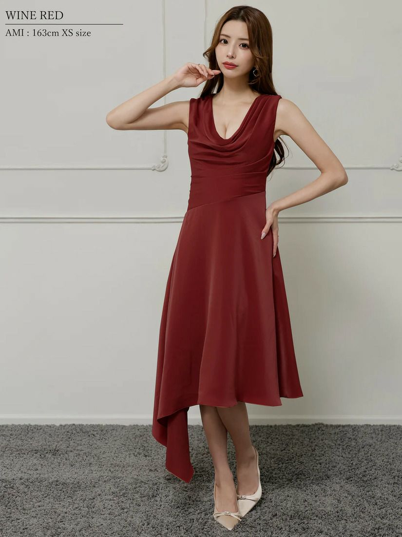 Veautt ヴュート バストドレープアシンメトリーデザインフレアミモレ丈ミディアムドレス vt022526