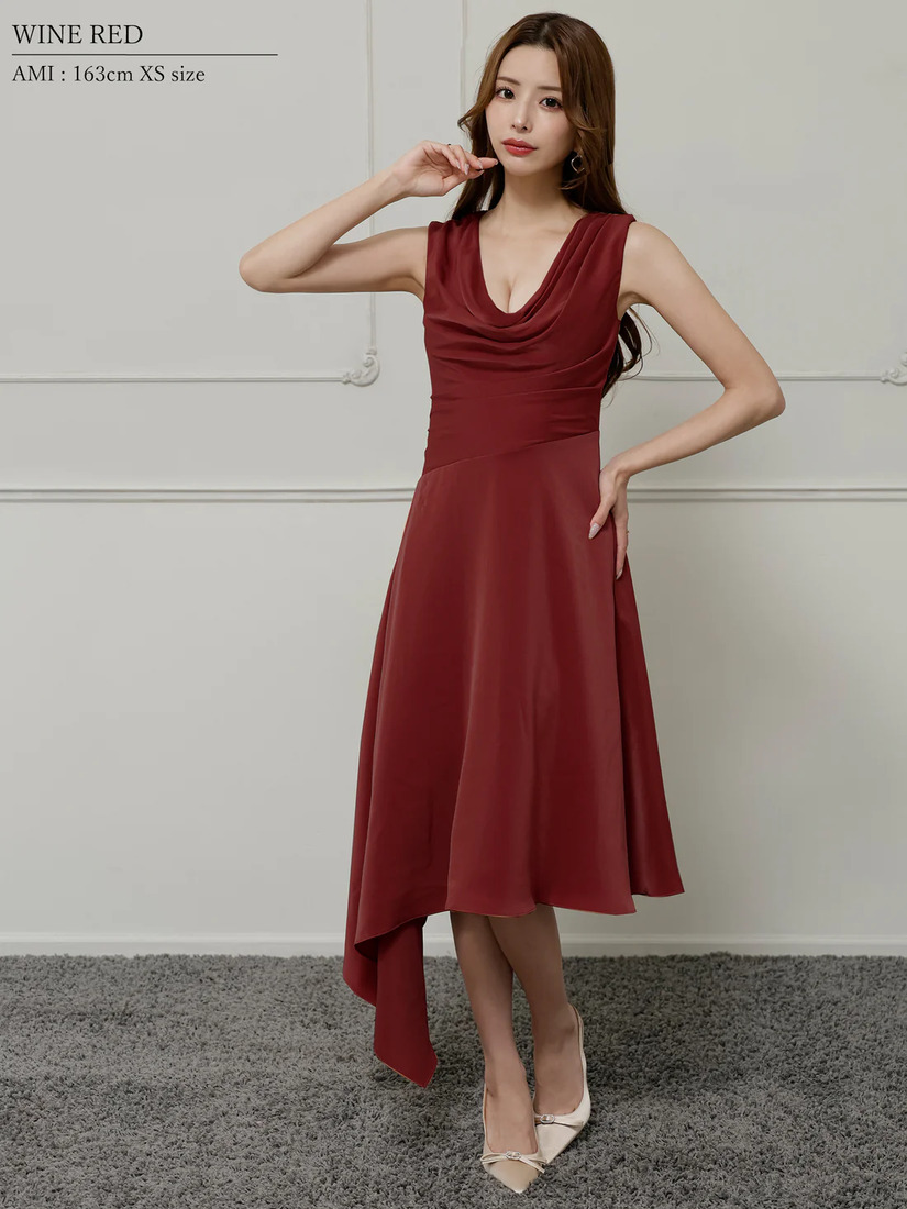 Veautt ヴュート バストドレープアシンメトリーデザインフレアミモレ丈ミディアムドレス vt022526