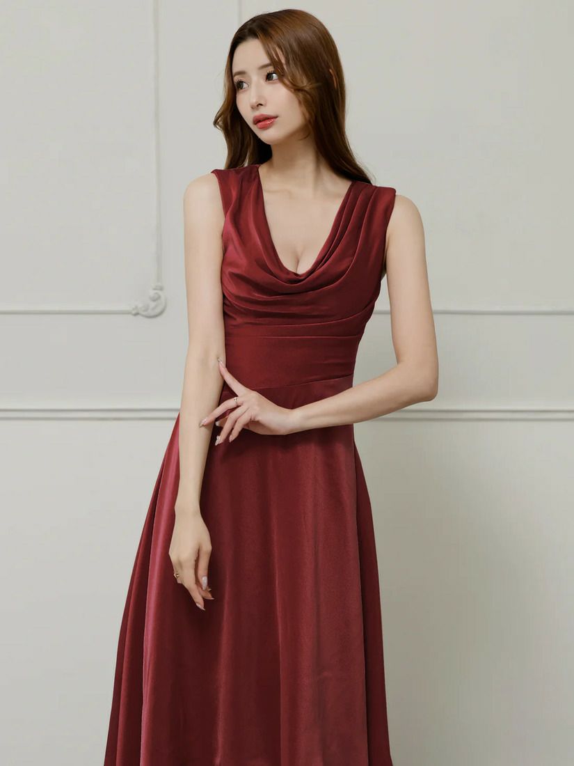 Veautt ヴュート バストドレープアシンメトリーデザインフレアミモレ丈ミディアムドレス vt022526