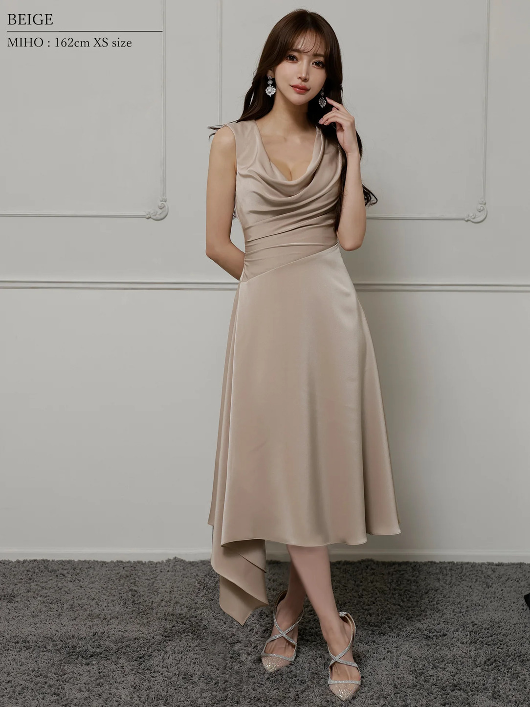 Veautt ヴュート バストドレープアシンメトリーデザインフレアミモレ丈ミディアムドレス vt022526