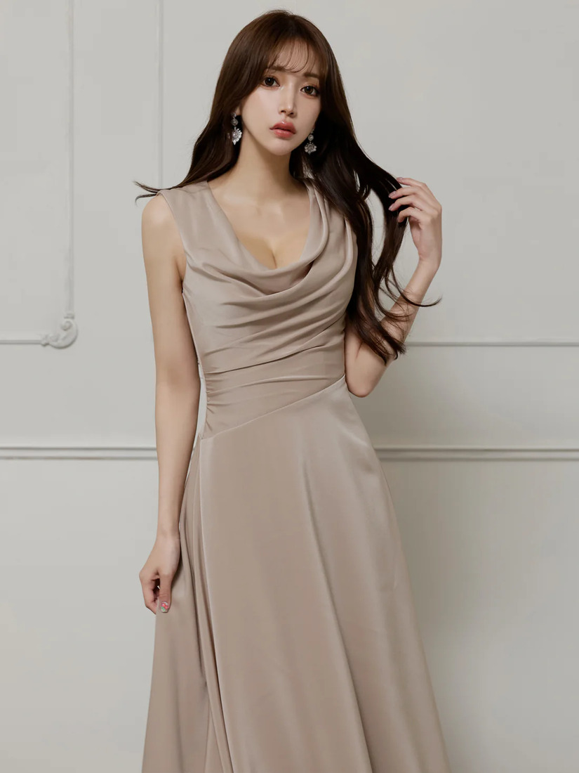 Veautt ヴュート バストドレープアシンメトリーデザインフレアミモレ丈ミディアムドレス vt022526