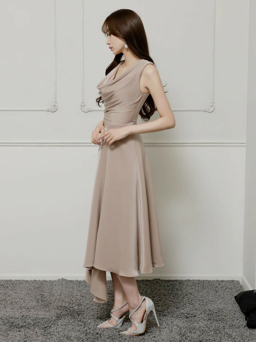 Veautt ヴュート バストドレープアシンメトリーデザインフレアミモレ丈ミディアムドレス vt022526