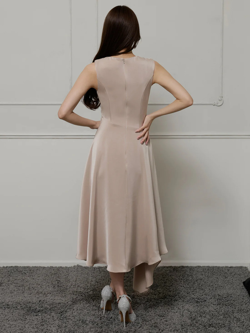 Veautt ヴュート バストドレープアシンメトリーデザインフレアミモレ丈ミディアムドレス vt022526