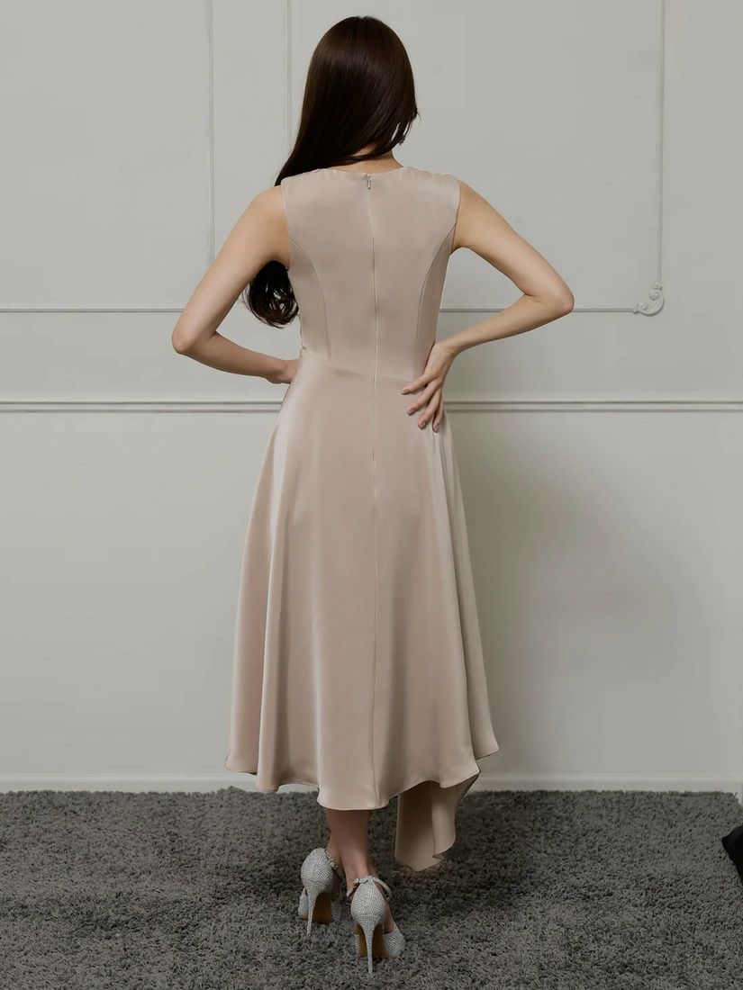 Veautt ヴュート バストドレープアシンメトリーデザインフレアミモレ丈ミディアムドレス vt022526