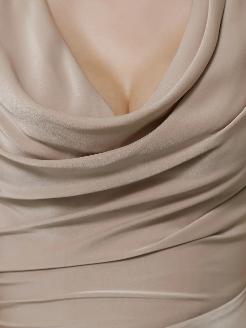 Veautt ヴュート バストドレープアシンメトリーデザインフレアミモレ丈ミディアムドレス vt022526