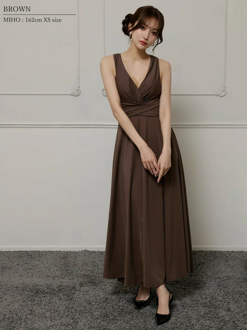 Veautt ヴュート Vカットウエストクロスバックオープンリボンフレアロングドレス vt022525