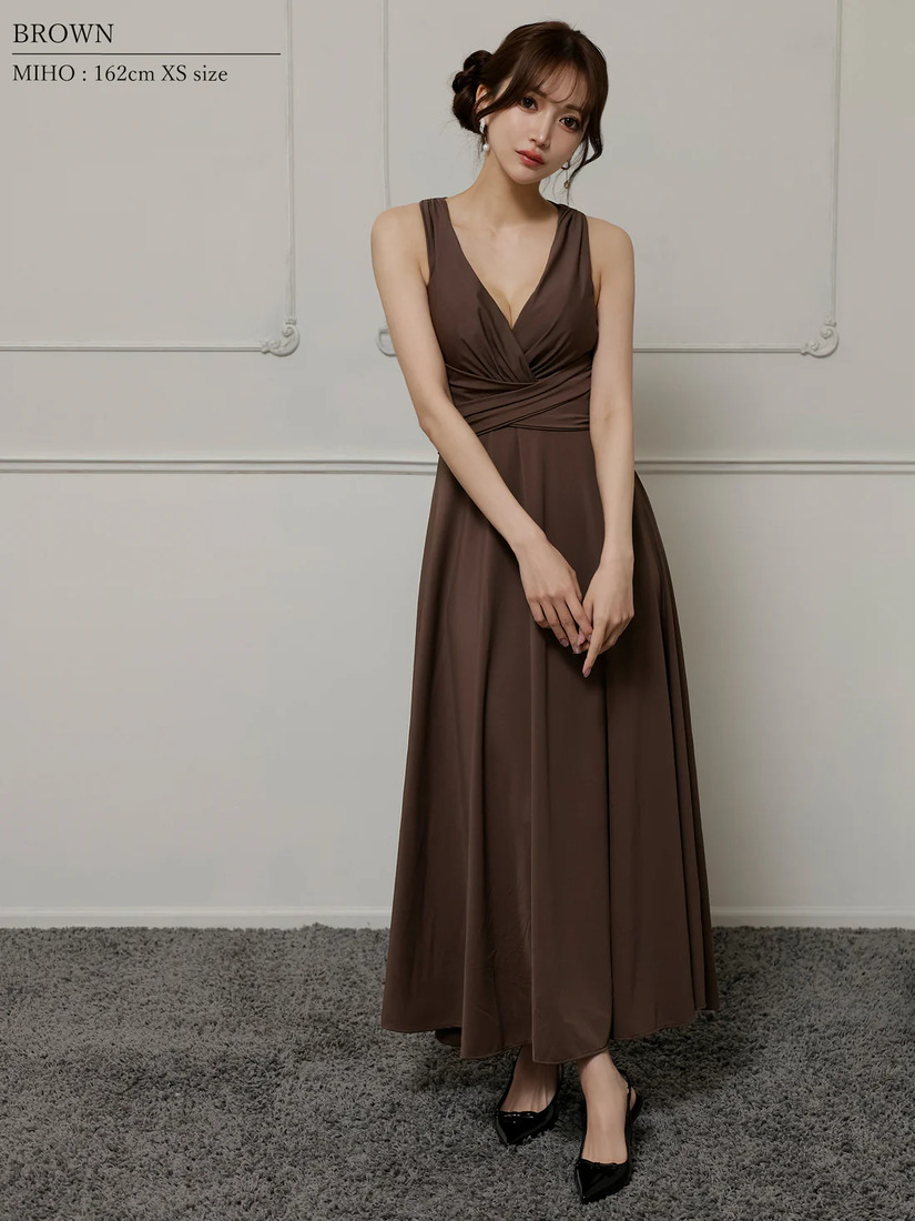 Veautt ヴュート Vカットウエストクロスバックオープンリボンフレアロングドレス vt022525