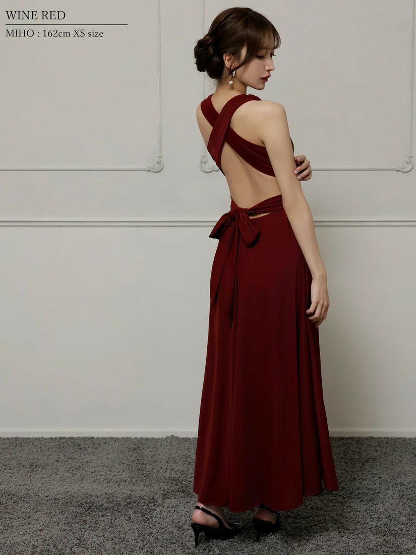 Veautt ヴュート Vカットウエストクロスバックオープンリボンフレアロングドレス vt022525
