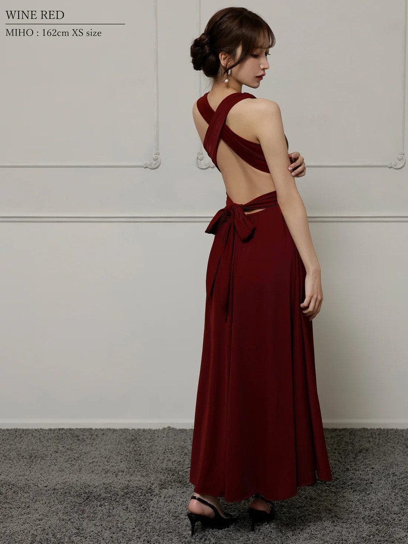 Veautt ヴュート Vカットウエストクロスバックオープンリボンフレアロングドレス vt022525